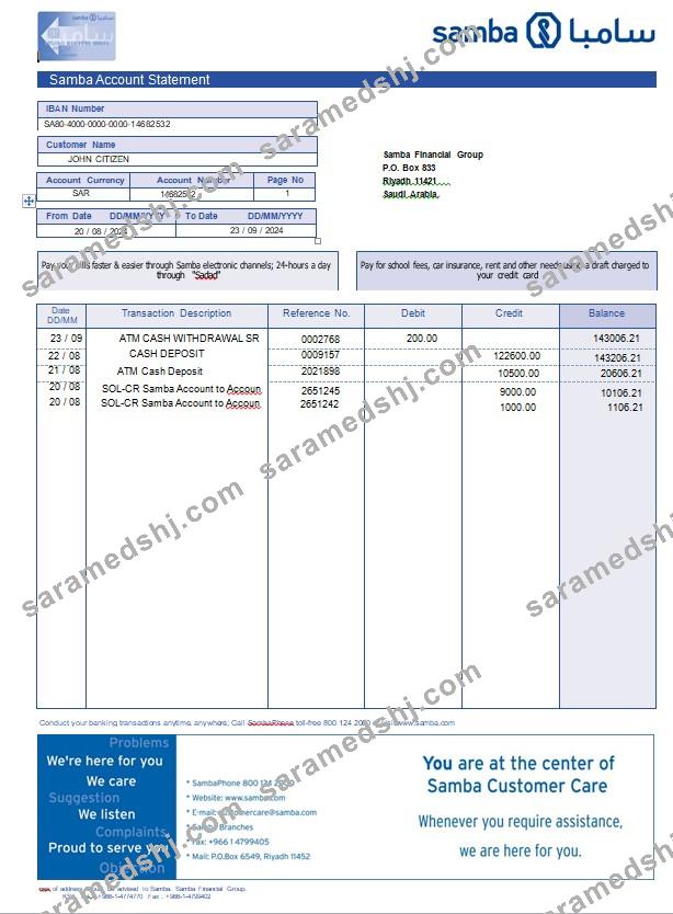 Saudi Arabia Samba Bank account statement, Word and PDF template
